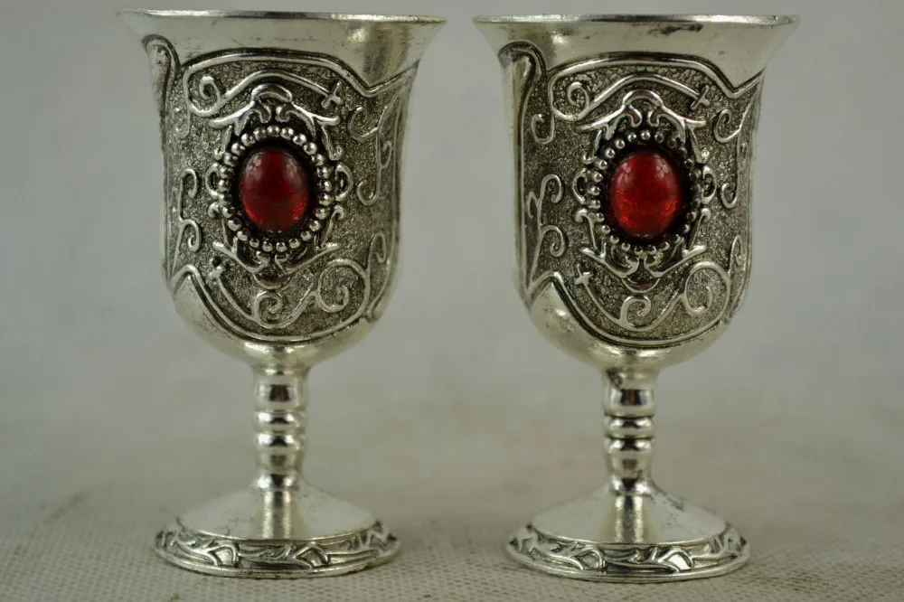 Handwork Miao Silver Carving Pattern & Inlay Red Bead Wine Cup metal handicraft