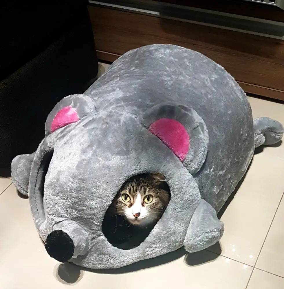 Funny Grey Mouse Shape Pet Cat Kitten Bed Mat For Small Cats Dogs Cave Bed Removable Cushion Waterproof Bottom Pet Cat House Bed