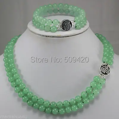 

Wholesale jewe 2 Rows green jade stone silver clasp necklace bracelet