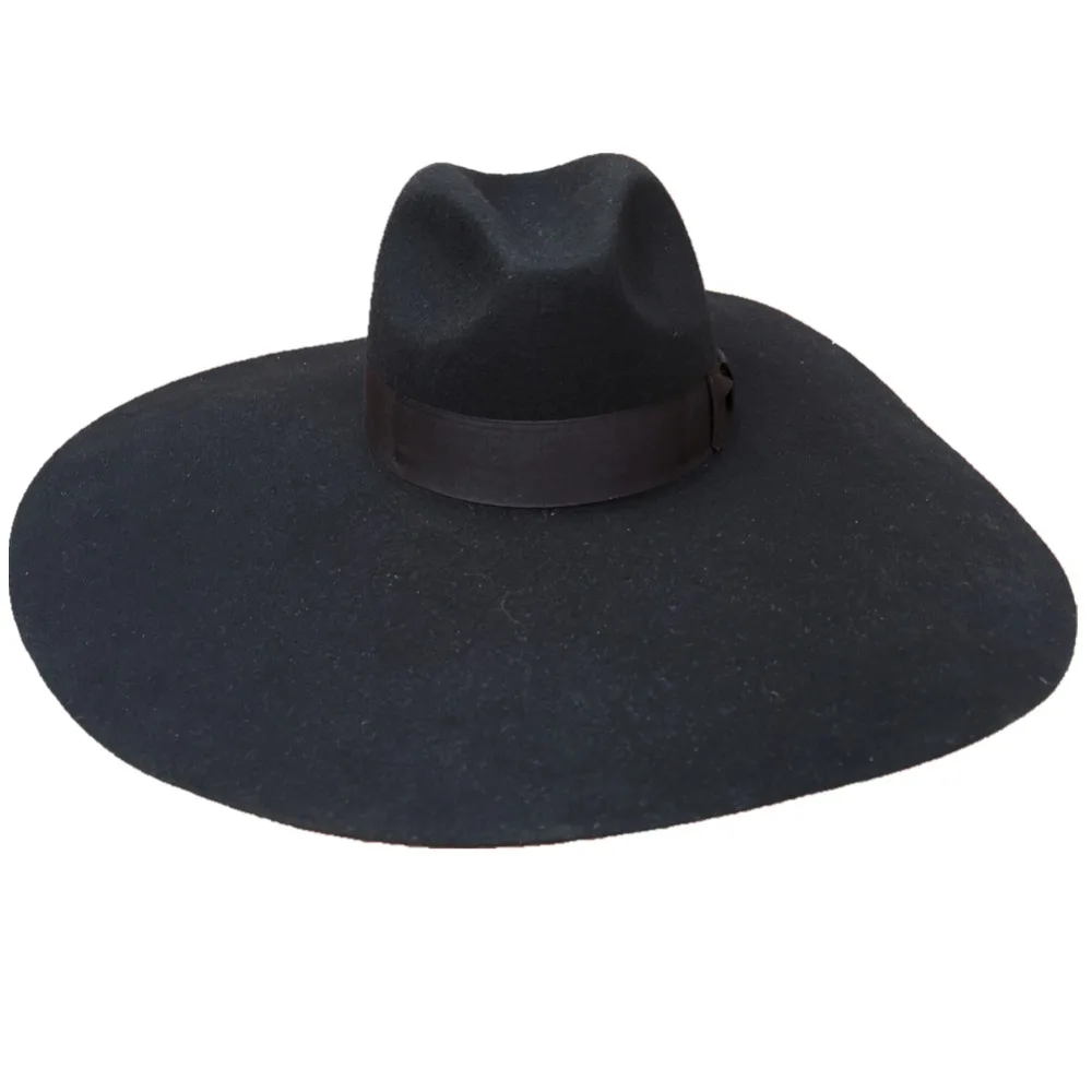 Black Wool Felt Soft  Extra Wide Large Brim Floppy Fedora Hat For Women 16cm