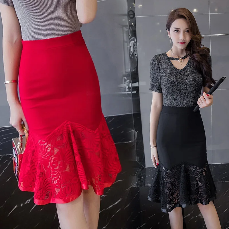 

2018 Newest Summer Spring High Quality Elegant Lace Ruffled Hip Skirts Women Sexy Elastic Waist Trumpet Fishtail Skirts