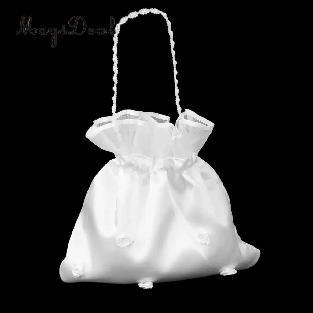 MagiDeal Satin Pearl Rhinestone Wedding Bridal Flowers Girls Dolly Bag Handbag Wedding Party Favors Gifts Candy Bag