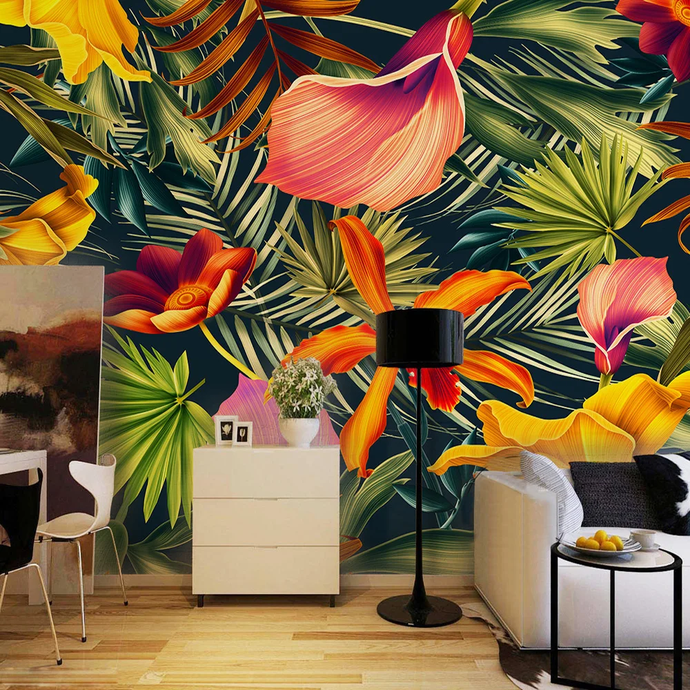 

Custom Wall Mural Tropical Rainforest Plant Flowers Banana Leaves Backdrop Painted Living Room Bedroom Large Mural Wall Paper