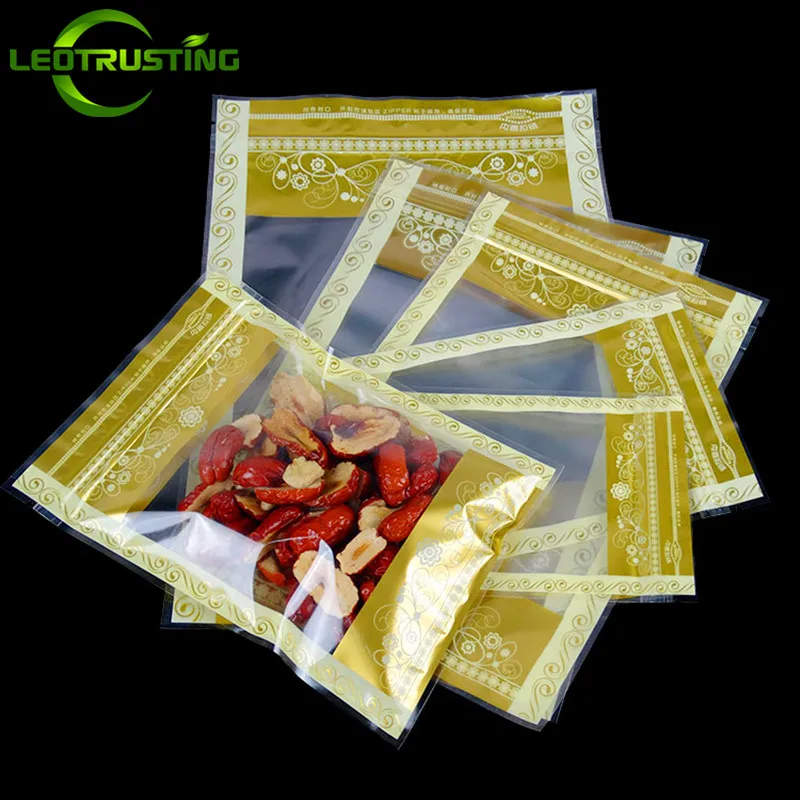 100PCS Flat Bottom Plastic Gold Ziplock Window Bag Resealable Coffee Snack Cookies Biscuits Dates Sugar Candy Storage Pouches