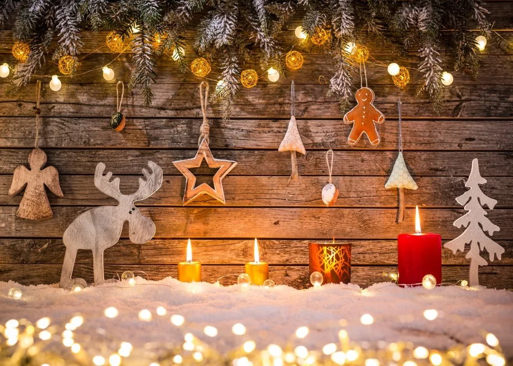 كابيسكو-خلفية فينيل للتصوير الفوتوغرافي ، شموع شجرة الكريسماس ، غزال ، خبز ، ثلج ، للأطفال ، استوديو الصور