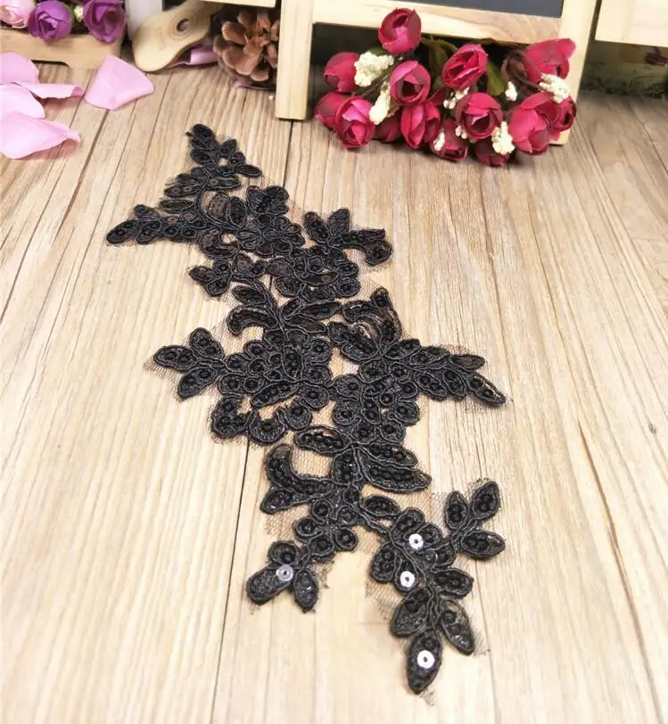 2 Pieces Black Sequin Flower Embroidery Lace Collar Wedding Lace Patch Applique Headband Hair Bow Garment Clothing DIY Accessory