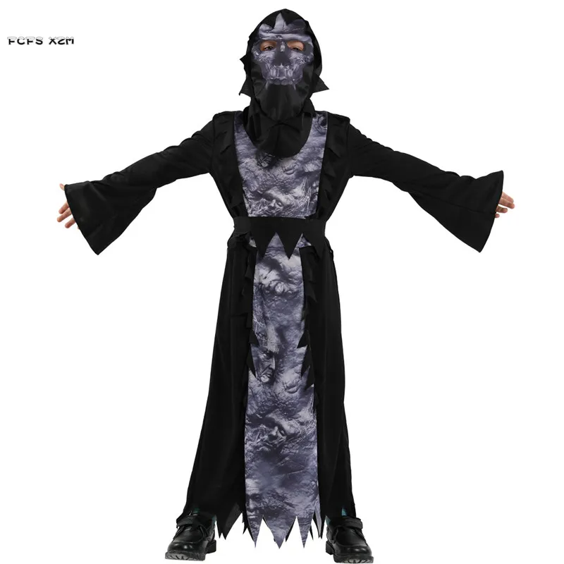 Black Boys Halloween Hell Devil Demon Costumes Kids Children Azrael Death Skeleton Cosplay Carnival Purim Masquerade Party Dress