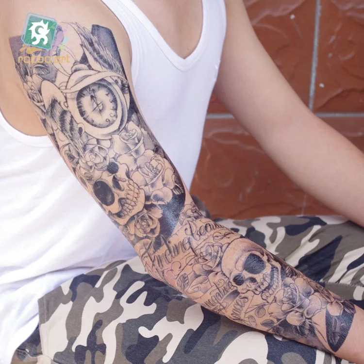 Rocooart AC021-023 16X48CM Full Arms Thigh Waterproof Temporary Tattoo Sticker Skull Flowers Fake Tattoo Human Skeleton Shape