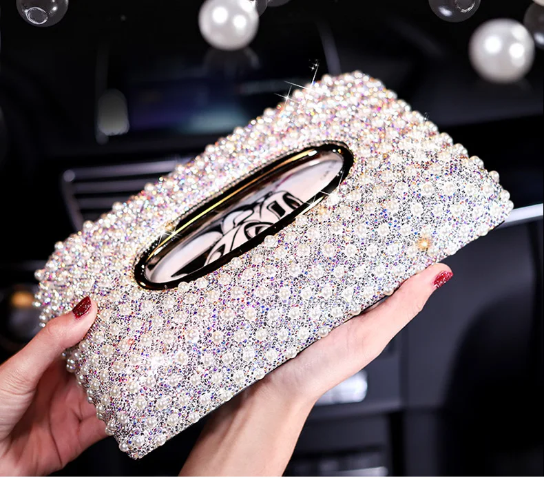 Luxury Pearls Car Tissue Box Crystal Diamond Block type Tissue Boxes Holder for Women Paper Towel Cover Case Car Styling