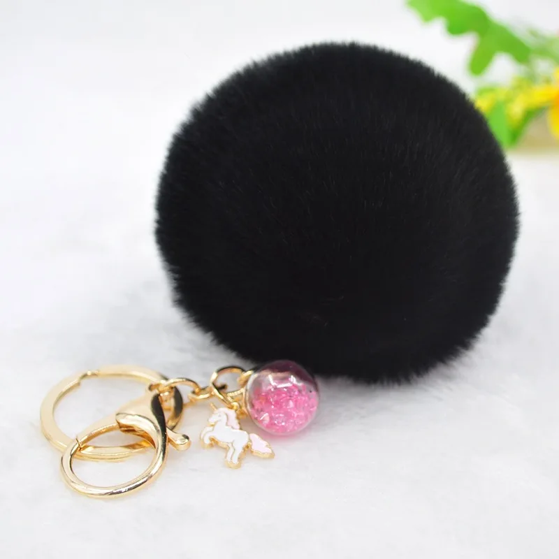 Fluffy Fur Pompom Ball Unicorn Keychain Female Crystal Charm Pompon Key Chain For Women Car Bag Trinket Party Gift