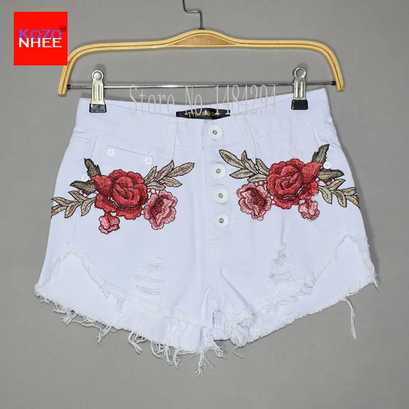 Zomer Witte Roos Ripped Borduurwerk Denim Shorts Met Hoge Taille Gescheurd Mode Sexy Vrouwen Denim Shorts Met Gaten