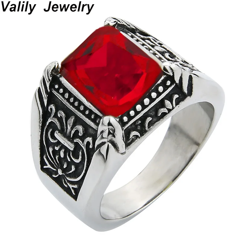Valily-anillo Vintage de plata antigua para hombre, anillo de CZ rojo, flor real de acero inoxidable, joyería de fiesta de boda
