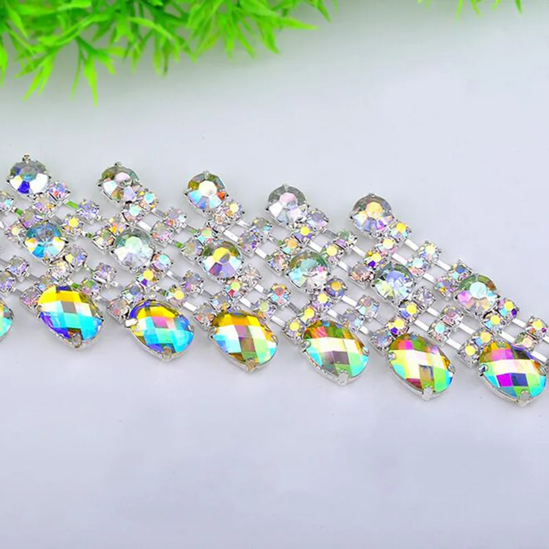 10Yards Luxury Crystal AB Silver Tone Rhinestone Trim Pretty Chain Sewing Craft DIY For Gown Evening Dress Decor Free Shipping