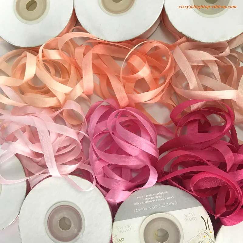 7mm 10mts to 50mts per roll 100% pure natural silk satin  taffeta ribbon solid color for embroidery designs,free shipping