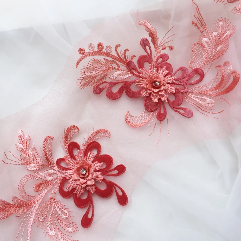 5Sets 3D Floral Bridal Gown Lace Applique Embroidery Patches Trim Collar Red Sapphire Pink Black Gray