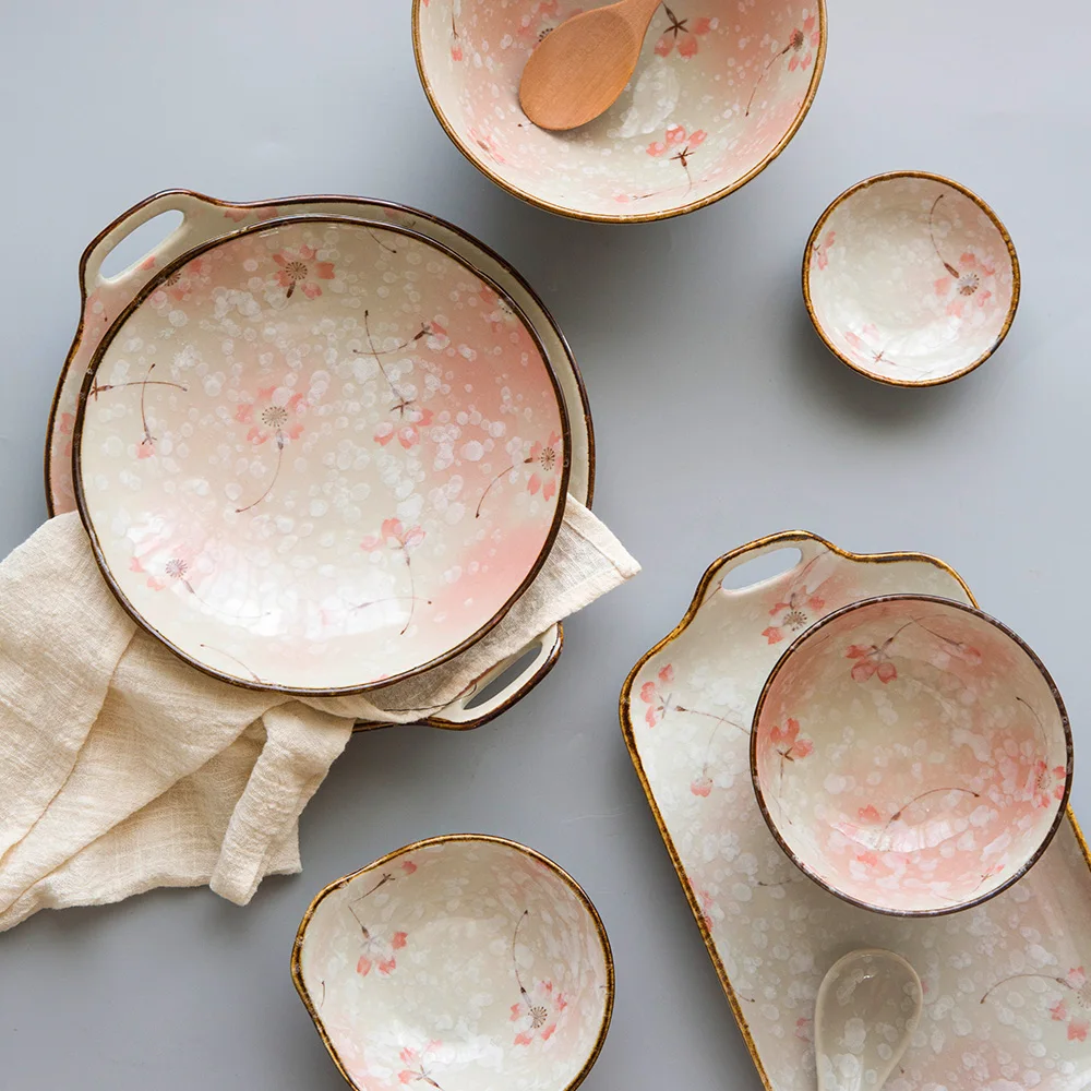 Japanese Cherry Blossoms Snowflake Glaze Hand-painted Ceramic Tableware Retro Plate Rice Bowl Household Tableware Set Frankfurt