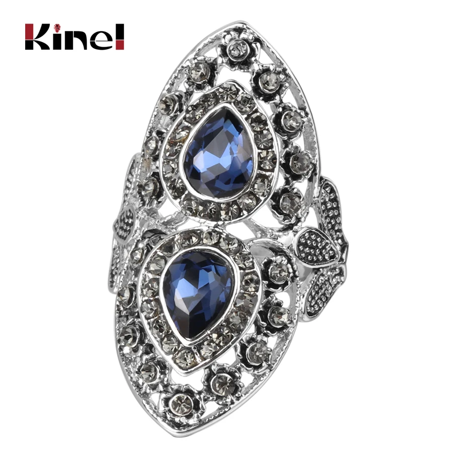 Kinel Luxury Blue Glass Ring For Women Antique Tibetan Silver Party Grey Crystal Vintage Wedding Jewelry 2020 New