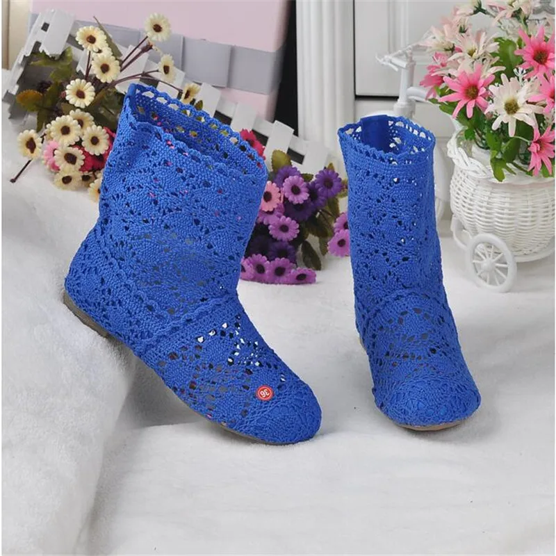 2023 spring and autumn knitted hollow boots flat bottom mesh high / low tube breathable fashion lace boots women's shoes