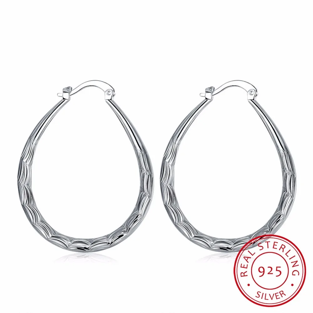 Lekani Fish Patterns Oval Big Creole Hoop Earrings For Women 925 stamp silver color Earring European Brand Fine Jewelry Gifts