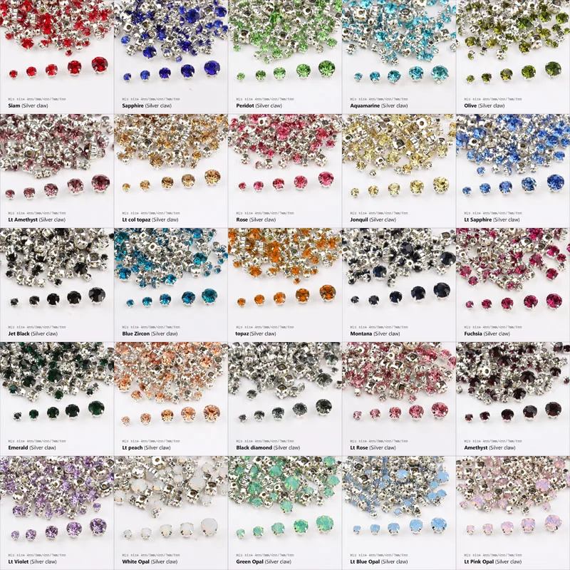 Mixed size sewn rhinestone 24 colors and silver claw glass stone crystal  for DIY decoration shoes and hats luggage decoration