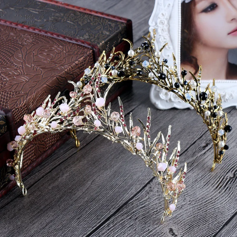 Baroque Bronze Vintage Princess Hair Crown Handmade Artificial Pink/Black Rhinestone Quinceanera Wedding Hair Accessory Hairwear