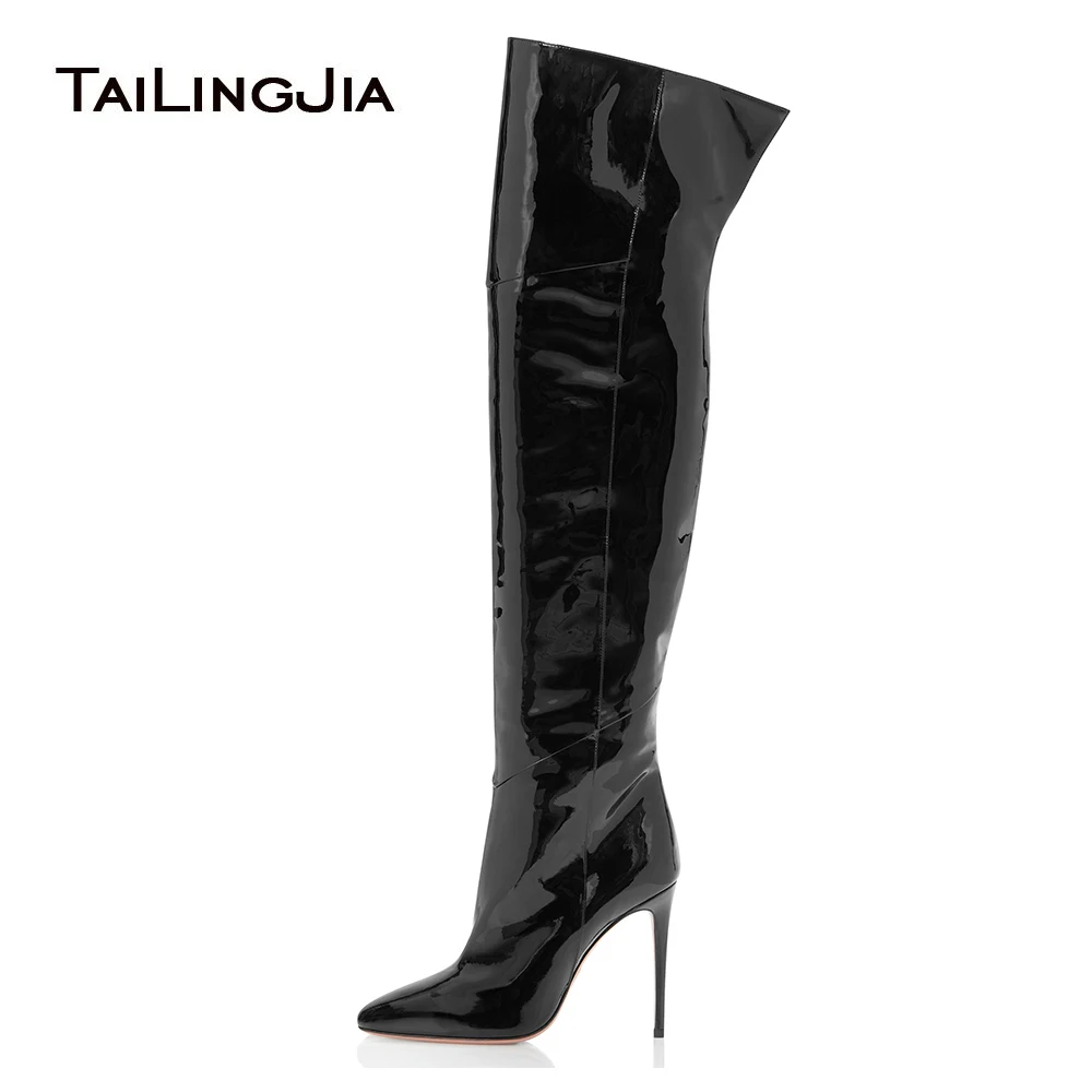 Women High Heel Pointed Toe Black Patent Leather Over The Knee High Boots Pink Pointy Long Boots Ladies Winter Heels PU Shoes