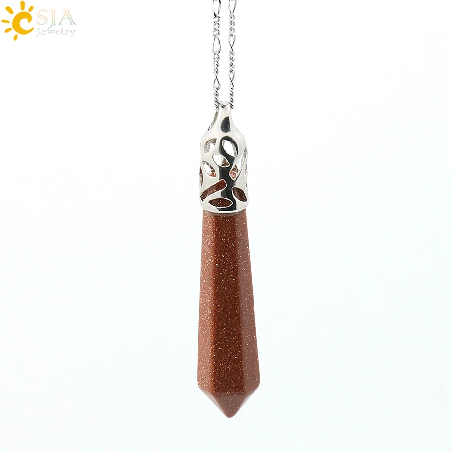 CSJA Reiki Natural Gem Stone Beads Blue Sand Long Hexagonal Prism Healing Point Opal Necklace Pendants Men Women Jewelry E004