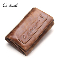 CONTACT'S 2022 Vintage Crazy Horse Leather Men Wallets Hasp Design Cowhide Key Purse Genuine Leather Coin Pocket For Man Wallet