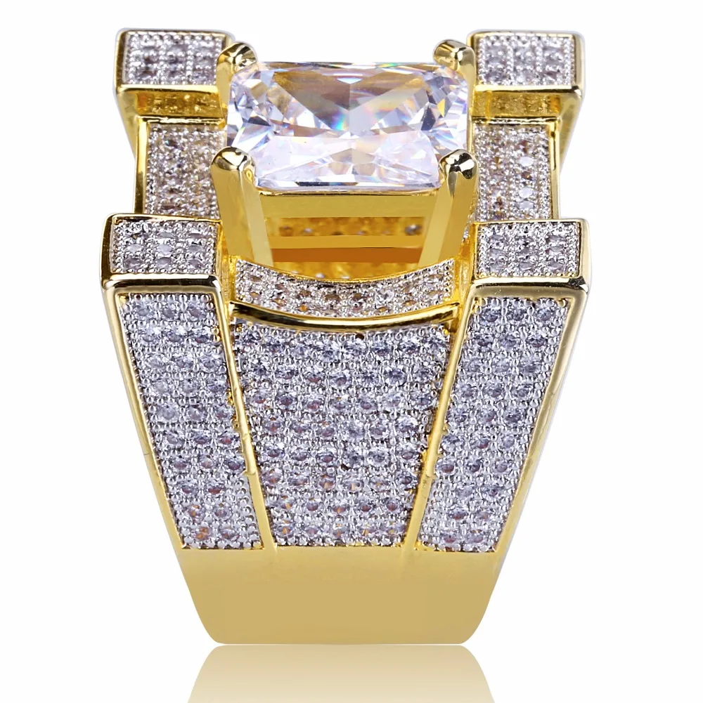 AAA Cubic Zirconia Ice Out Bling Golden Big Wide Hip Hop Rings Gold Color Geometric Men Hiphop Rapper CZ Ring Jewelry