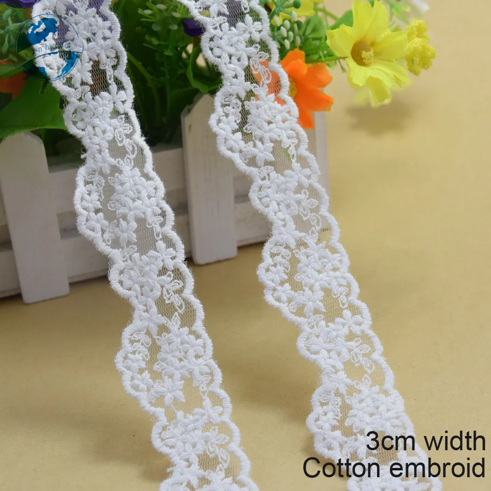 3cm White Cotton Lace Embroid Sewing Ribbon Guipure African Lace Fabric Trim Warp Knitting DIY Wedding Garment Accessories#2889