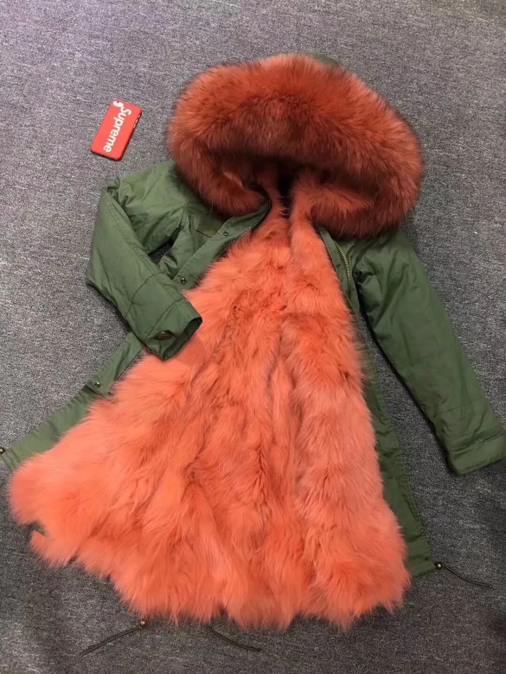 Women Nice Fox Fur Lined Long Parka Coral Red Overcoat Army Green Cotton Out Shell With Raccoon Fur Collar