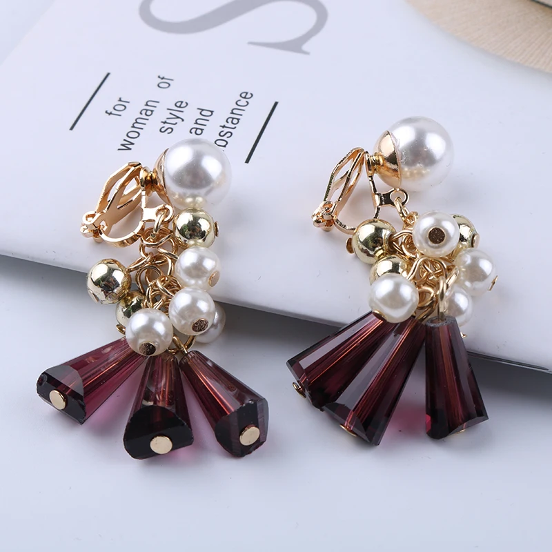 Bohemian Vintage Simulated Pearl Crystal Stone Unique Aretes Clip on Earrings for Women Without Piercing Elegant Wedding Party