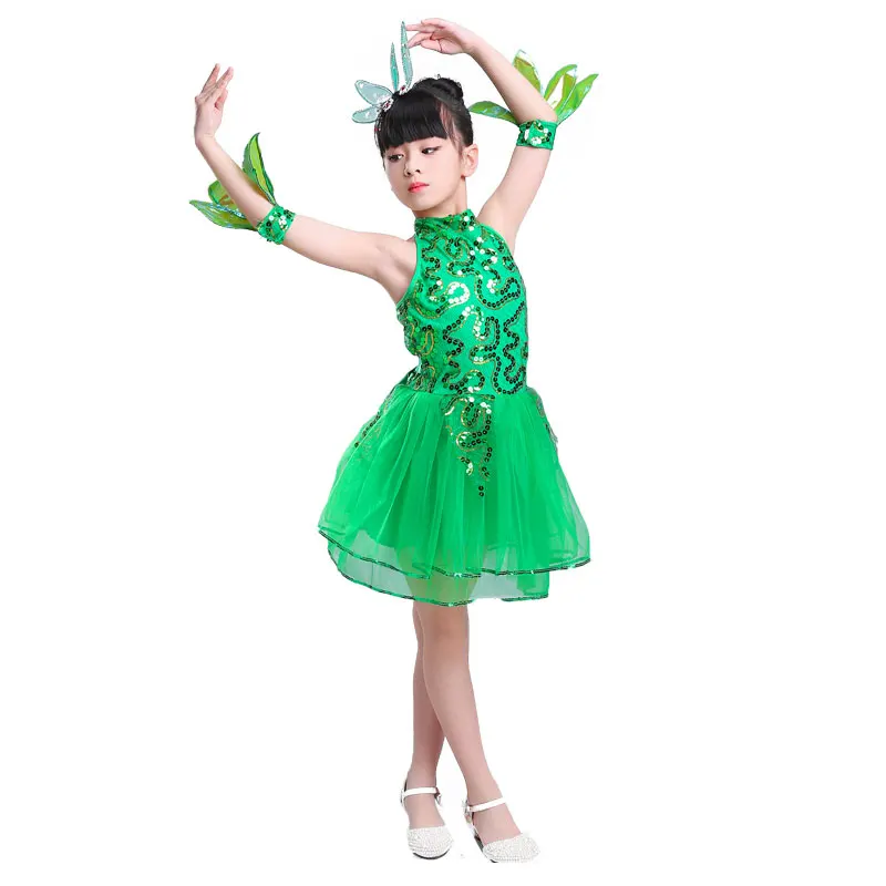 Vestito da balletto verde per bambina costumi da ballo Jazz per bambina vestito da ballo per ragazze Costume da spettacolo per ragazza Costume da ballo