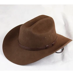 LIHUA Brand Mens Wool Felt Western Outback Cowboy Hat, Fedora Outdoor Wide Brim Hat with Strap, Black / Brown Color