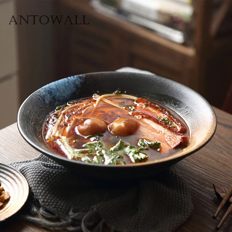 ANTOWALL Ceramic large soup bowl household tableware thickened Japanese deep bowl 9.5 inch large ramen bowl