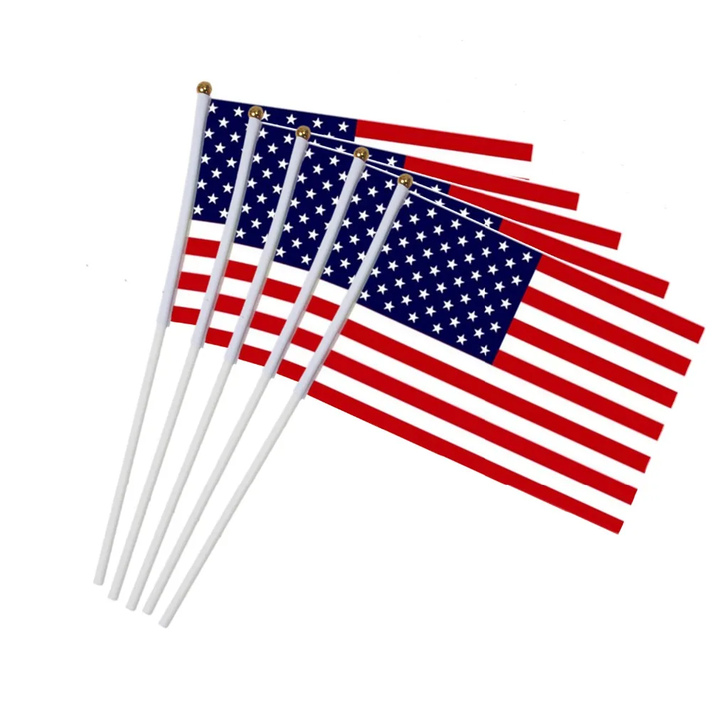 5pcs Stick Flag USA 14*21 cm Hand Held Mini Flag With White Pole Vivid Color and Fade Resistant Hand Held Stick Flags