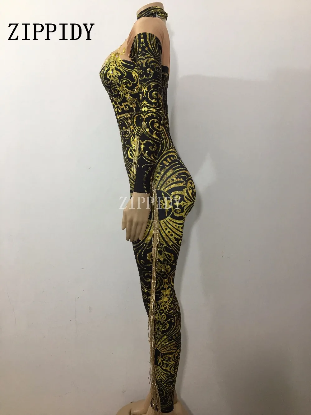 Sexy Printed Tassel Leggings Jumpsuit Rhinestones Women Skinny Bodysuit Birthday Female Singer DS Show Nightclub Prom Stage Wear