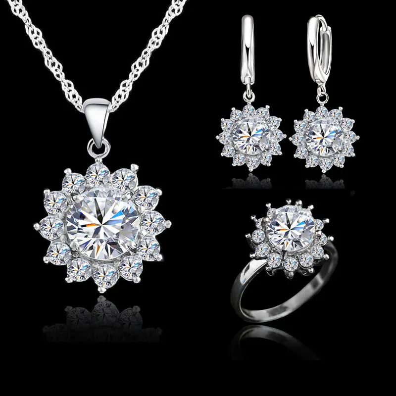 Große Promotion-Hochzeitsschmuck-Sets aus 925er-Sterlingsilber, weißer kubischer Zirkon, Halskette/Ohrring/Ring, optionale Größe für Ring