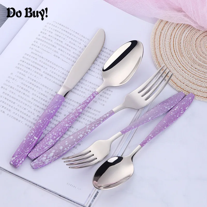 5 Pcs/Set Dinnerware Set Stainless Steel  Reusable Utensils Cutlery Purple Silver Spoon Fork Knife Home Tableware Wholesale