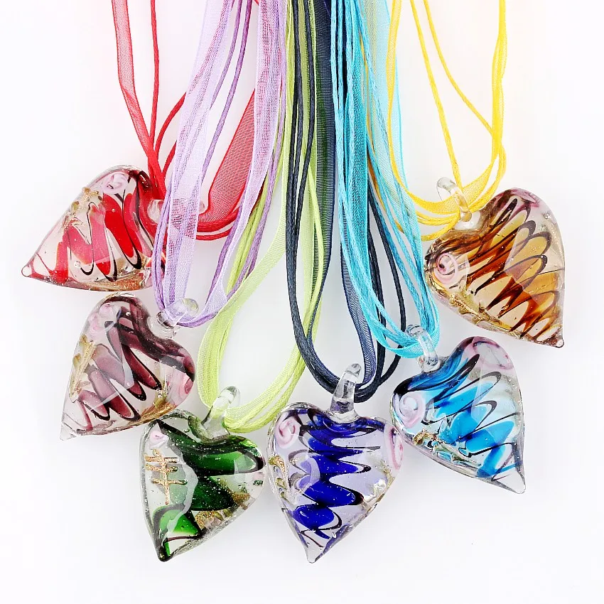 Fashion Wholesale lots 6pcs Handmade Murano Lampwork Glass Mixed Color Inside Rose Flower Pendants Silk Cords Necklace necl0029