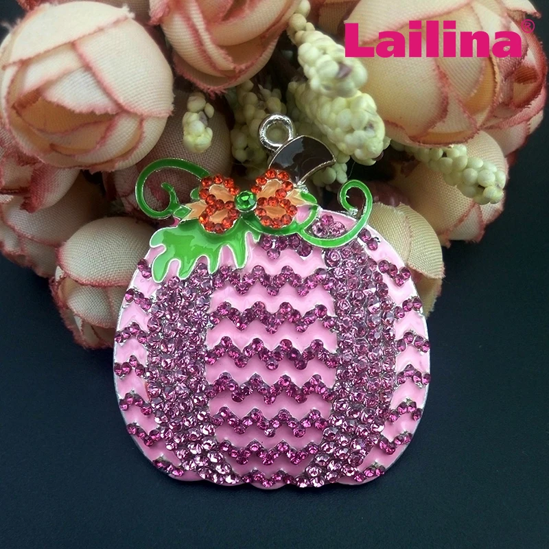 

New Arrival 50mm Pink Enamel Pumpkin Shape Pendant Charm Custom Color Rhinetsone Pumpkin Pendant