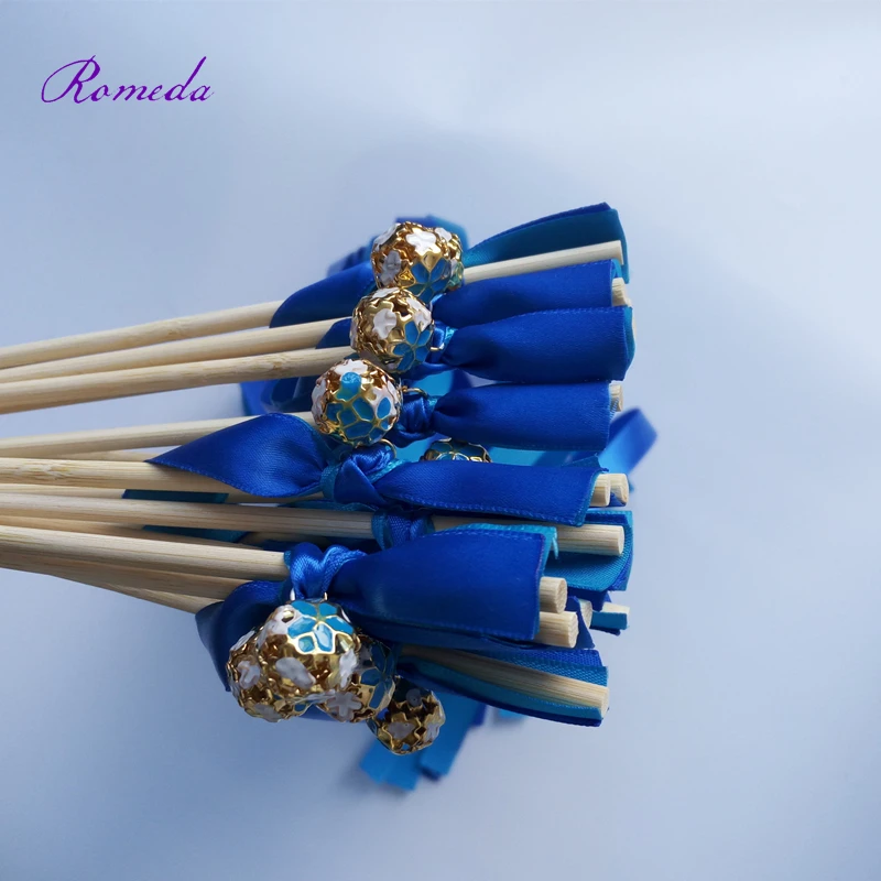 Newest Design 50pcs/lot Blue wedding ribbon wands with colorfull bell for wedding decoration