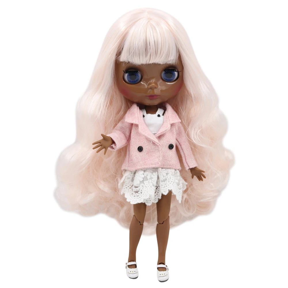 ICY DBS Blyth doll super black darkest skin Glossy face join body Points in the pink hair.No.BL136/2352