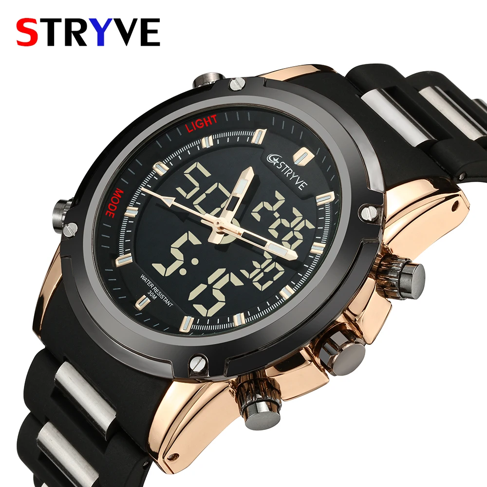 Top Men Watches Luxury Brand Stryve Quartz LED Dual Time Clock Sports Waterproof Men Army Military Wrist Watch Relogio Masculino