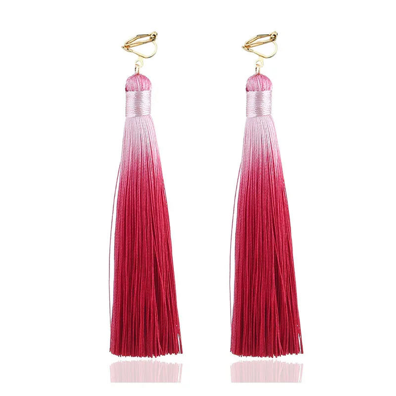 13 color New Trendy Gradient Color Long Tassel Clip on Earrings For Women handmade Thread Earring Wholesale Statement Jewelry