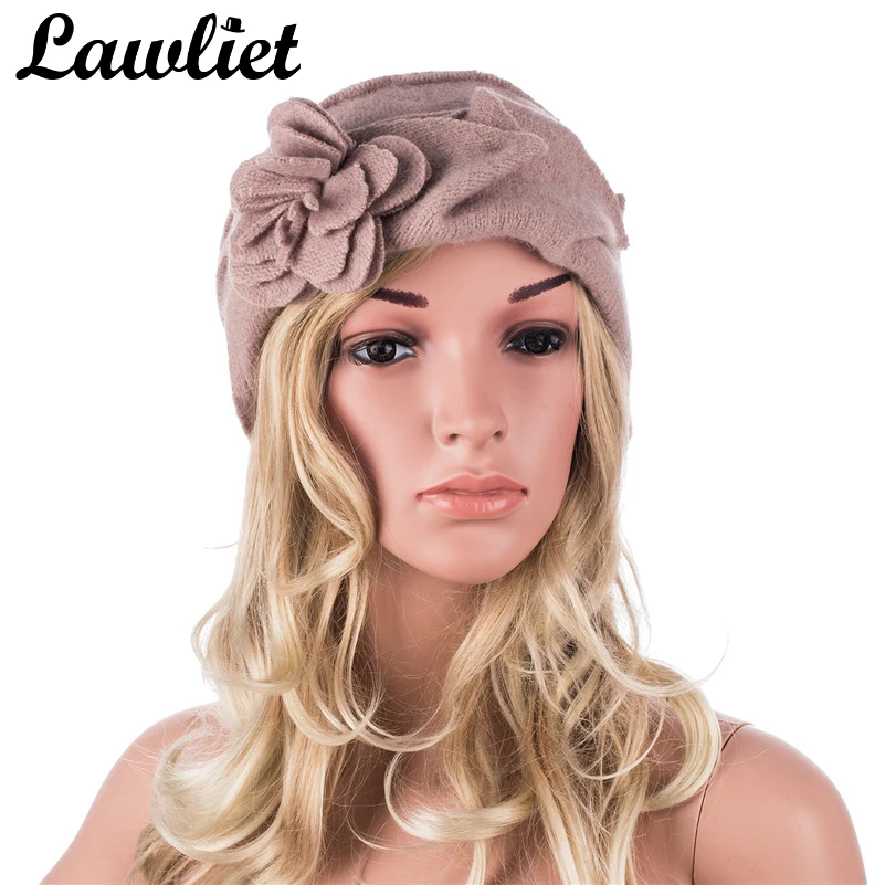 Lawliet Wool Hat Women Winter Hats Solid Floral Warm Knitted Ladies Beanies Skullies Bonnet Femme Bucket Cloche Winter Cap A376