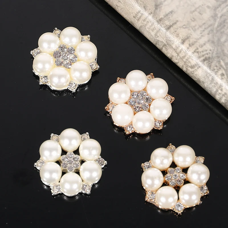 Engood 100Pcs Hexagon-Pearl Hollow Plum Flower Rhinestone Buttons Embellishment Button for DIY Bag Shoes Hair Accessories BT165