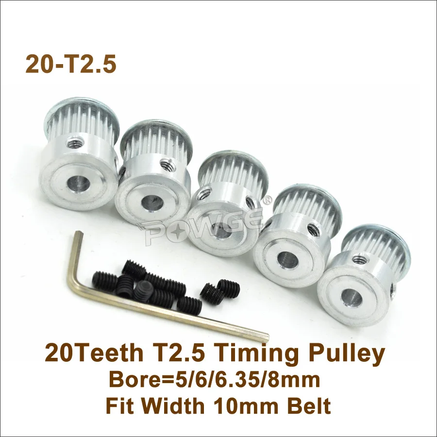 

POWGE 20 Teeth T2.5 Timing Pulley Bore=5/6/6.35/8mm For W=10mm T2.5 Synchronous Belt For 3D Printer 20T 20Teeth T2.5 Pulley