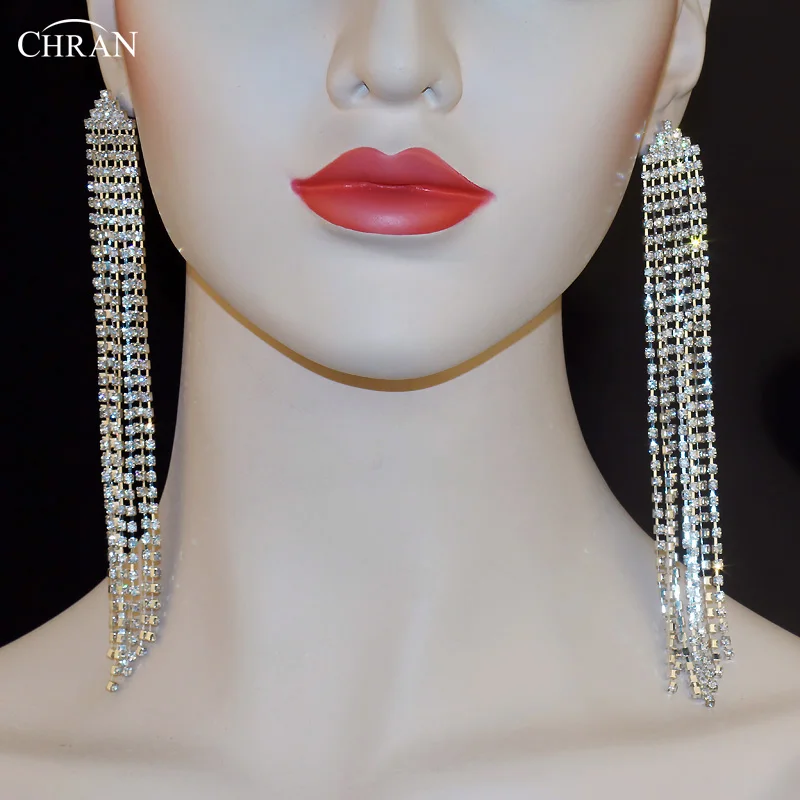 CHRAN Classic Silver Color Fashion Statement Crystal Long Chandelier Drop Earring Rhinestone Dangle Tassel Earrings For Women