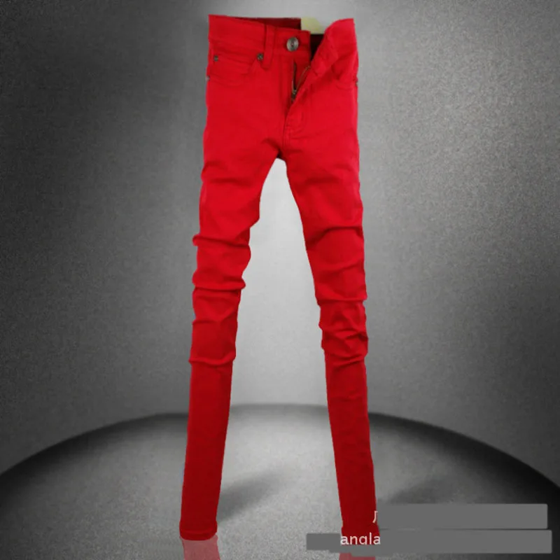 Idopy Fashion Mens Korean Style Colored Skinny Jeans Red Classic Cool Slim Fit Pencil Pants For Male